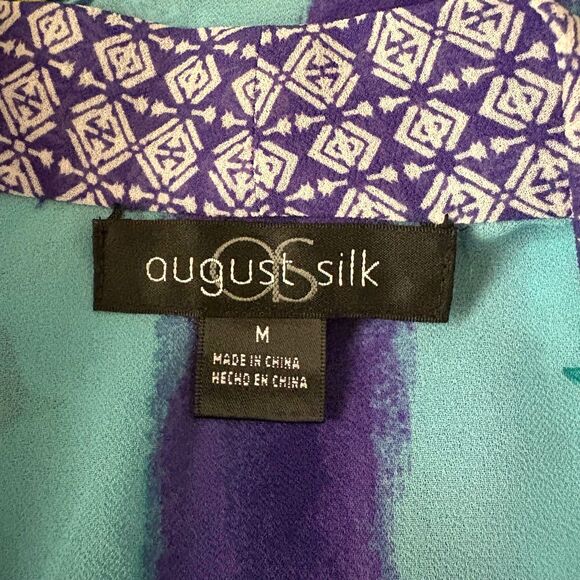 August Silk Surplice Blouse Two Tone Blue Mixed Prints Bohemian Size Medium - Picture 3 of 4
